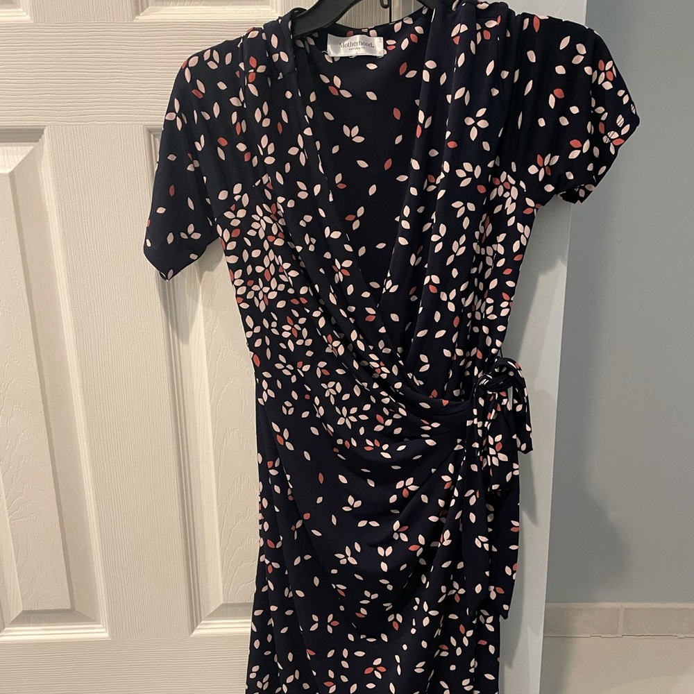 Motherhood Maternity Waist Tie Surplice Faux Wrap Dark Blue Dress Size Medium